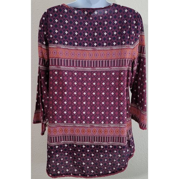 Bob Timberlake Purple Blue Geo Print Pleated Front Tunic Top Large 3/4 Sleeves - Picture 3 of 6